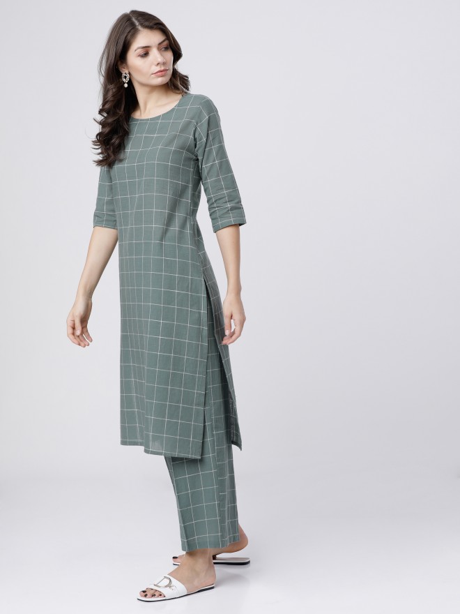 Vishudh Women Green Checked Kurta Sets 